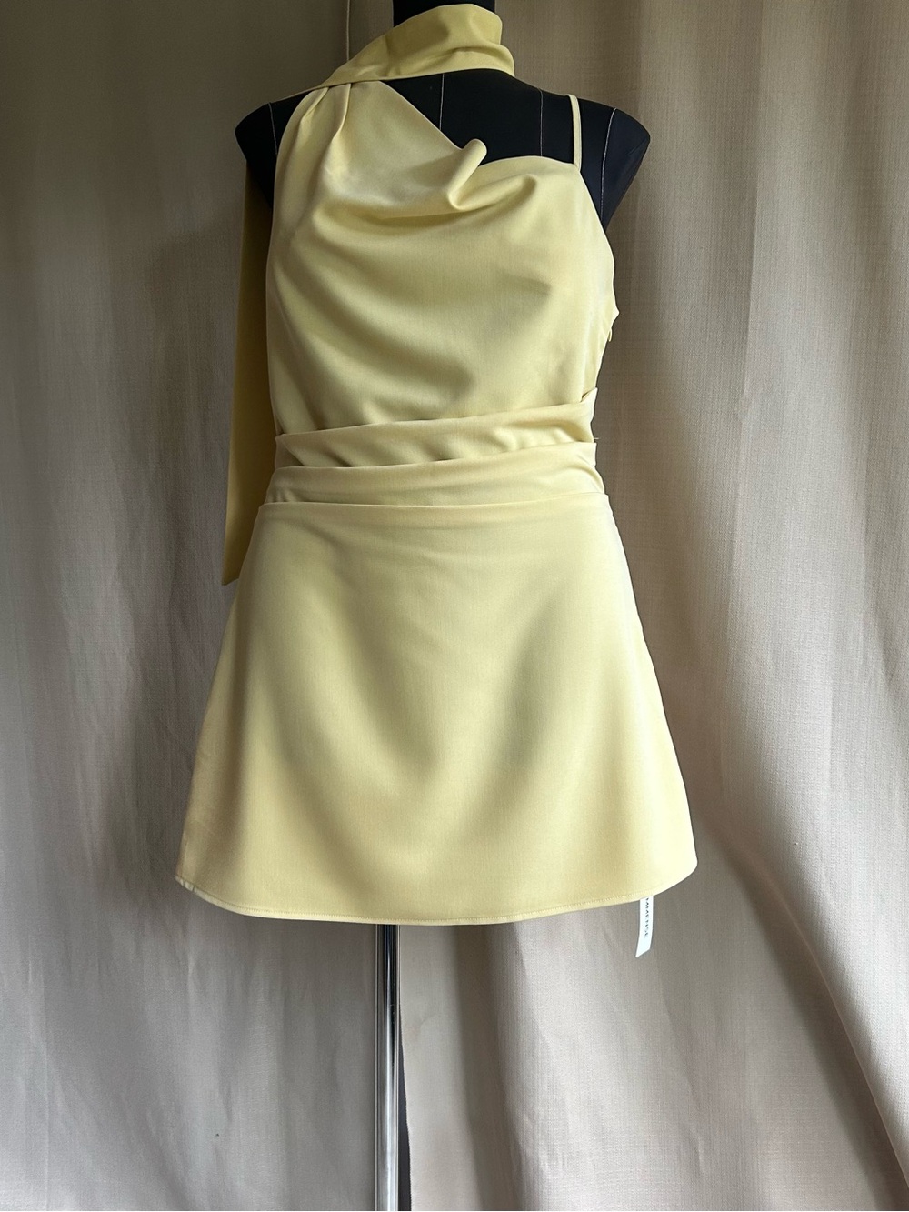 Commense Cowl Neck Mini Dress with Asymmetric Sash Detail
